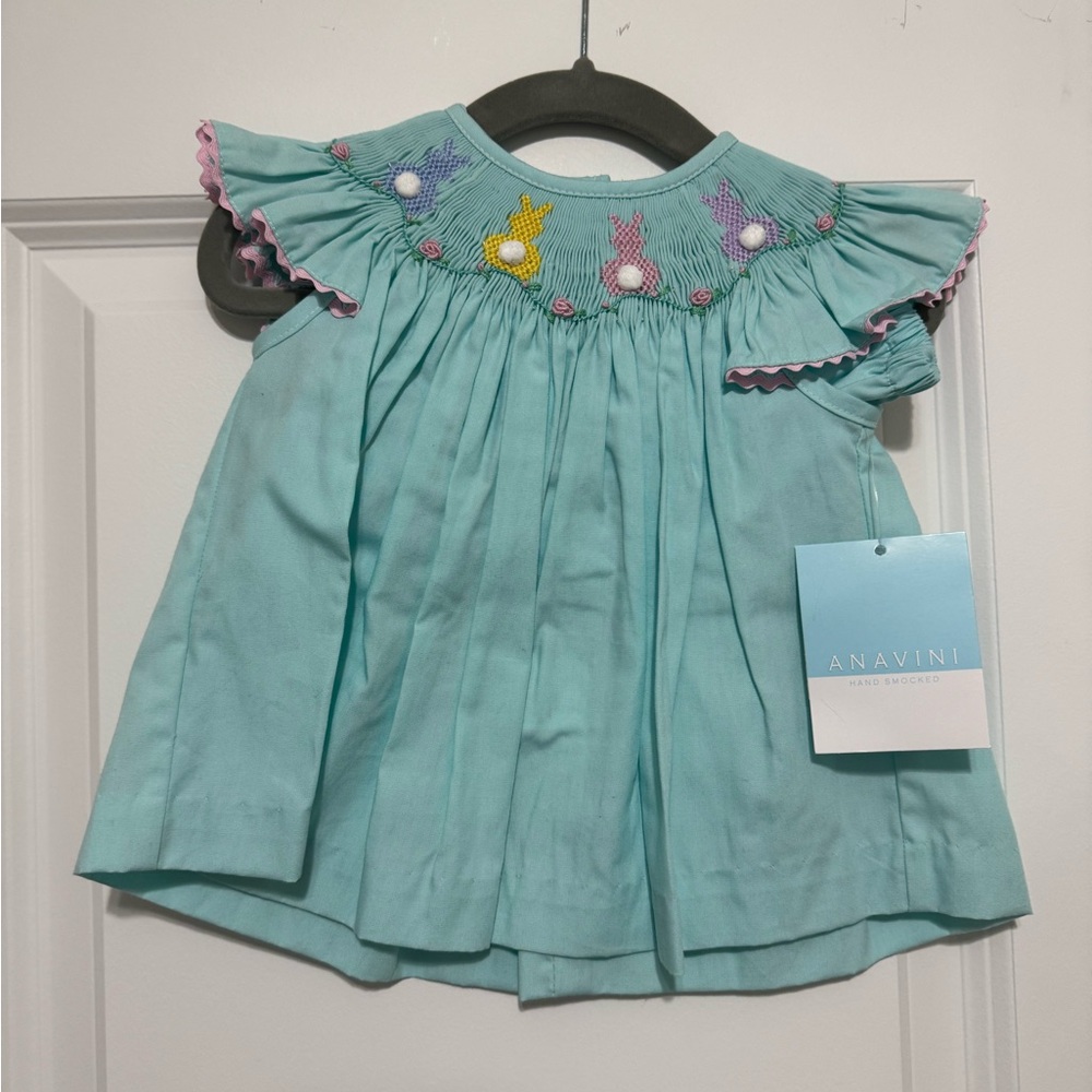 Anavini Blue Smocked Diaper Set  Bunny Embroidery